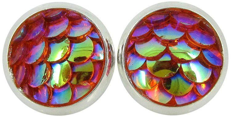 Silver-tone Metallic Mermaid Scale Stud Earrings 8mm (Blue/Green)