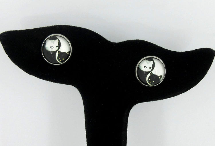 Stainless Steel Black and White Cat Face Yin Yang Print Glass Stud Earrings 12mm