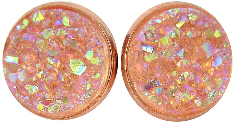 Rose Gold-tone Blush AB Faux Druzy Stone Stud Earrings 12mm