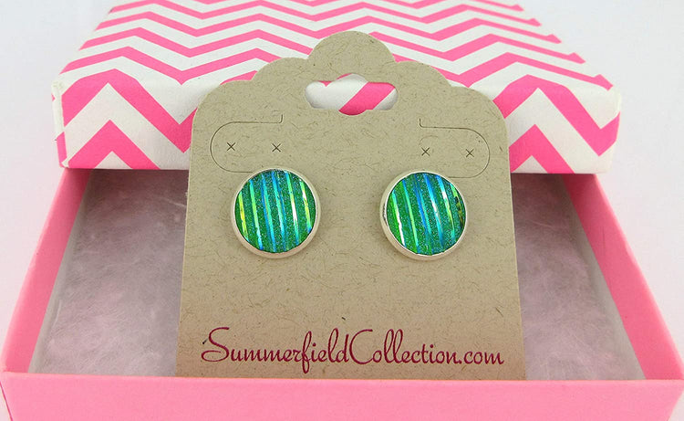 Silver-tone Green Frosted Metallic Rainbow Stud Earrings 12mm