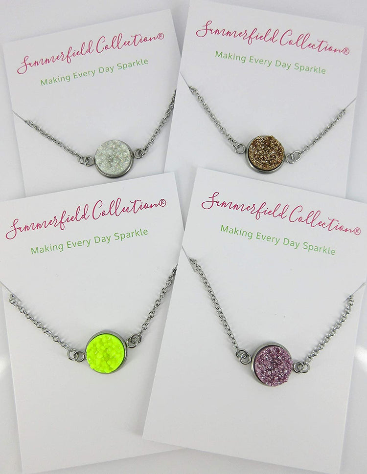 Stainless Steel Champagne Glitter Faux Druzy Pendant Necklace