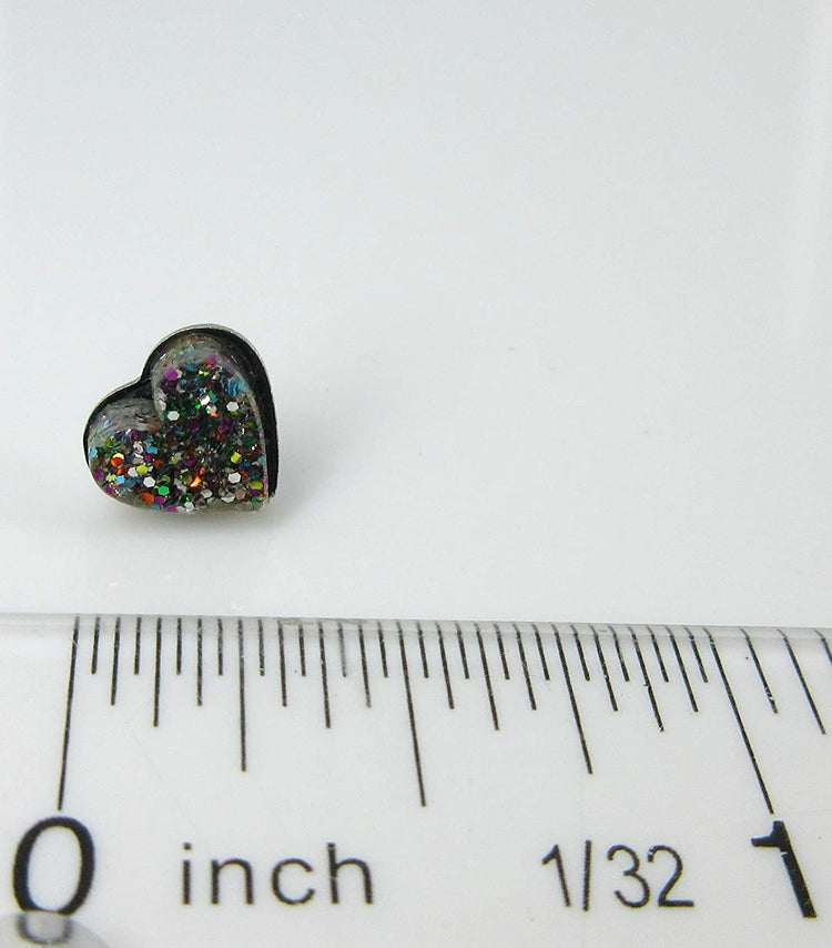 Stainless Steel Dark Rainbow Glitter Acrylic Heart Stud Earrings 8mm