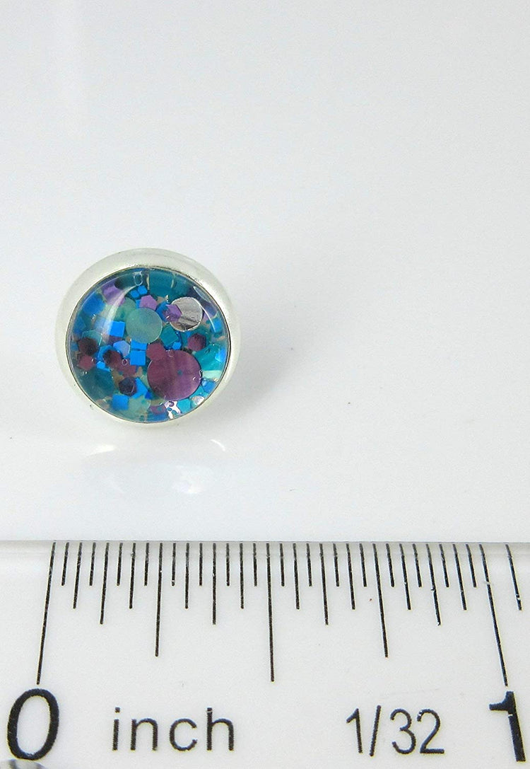 Silver-tone Blue and Purple Glitter Glass Stud Earrings Hand-painted 10mm
