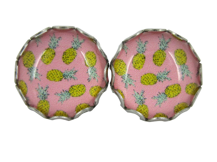 Stainless Steel Pink Pineapple Print Glass Stud Earrings 12mm