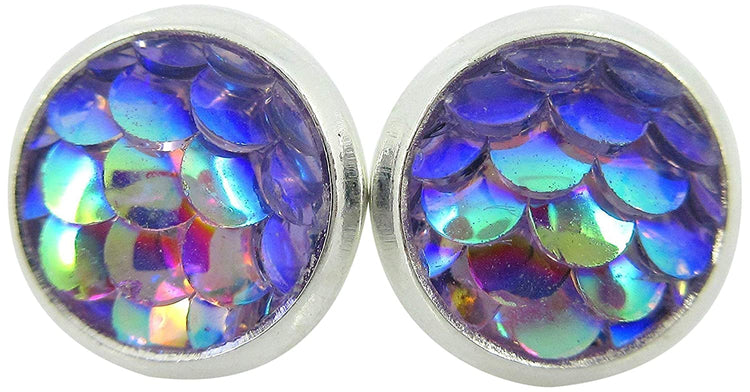 Silver-tone Metallic Mermaid Scale Stud Earrings 8mm (Blue/Green)