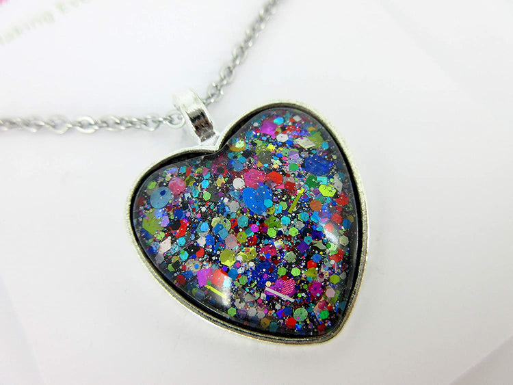 Silver-Tone Black and Multi-Color Confetti Glitter Glass Heart Pendant Necklace 20" Chain Stainless