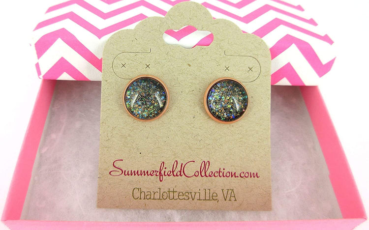 Rose Gold-tone Black Iridescent Glitter Glass Galaxy Stud Earrings Hand-painted 12mm