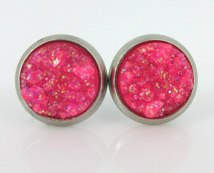Stainless Steel Neon Pink Orange Yellow Green Faux Glitter Druzy Stone 8mm Stud Earrings Set