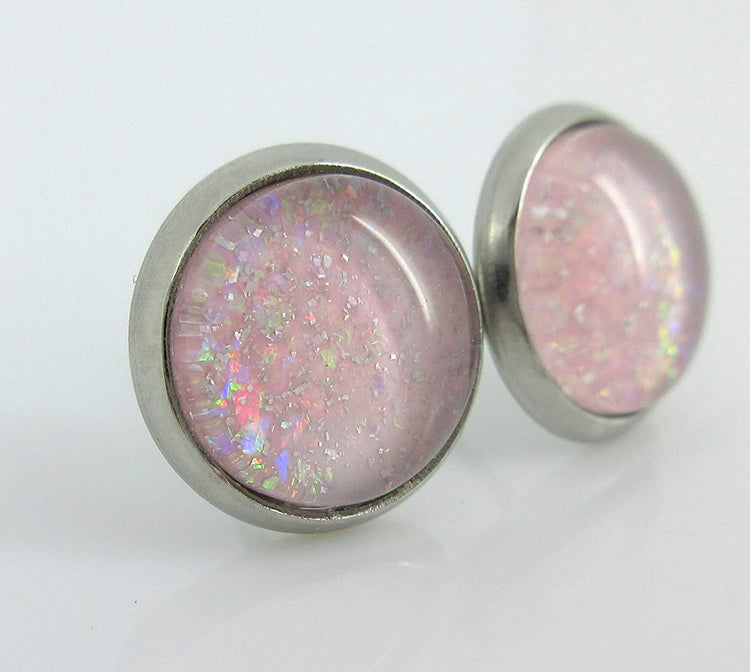 Stainless Steel Pale Pink and Iridescent Glitter Glass Stud Earrings Hand-painted 10mm