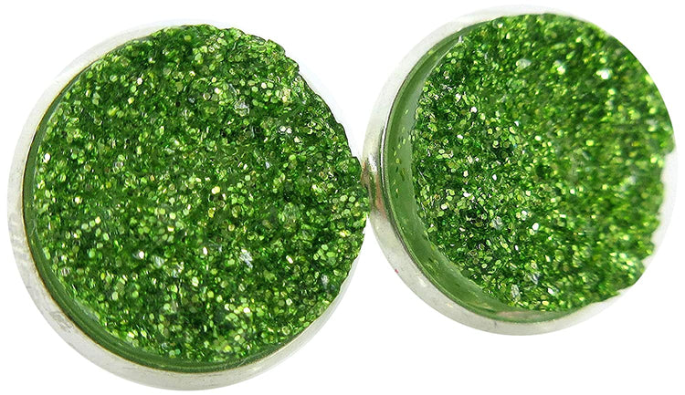 Silver-tone Spring Green Glitter Faux Druzy Stone Stud Earrings 12mm