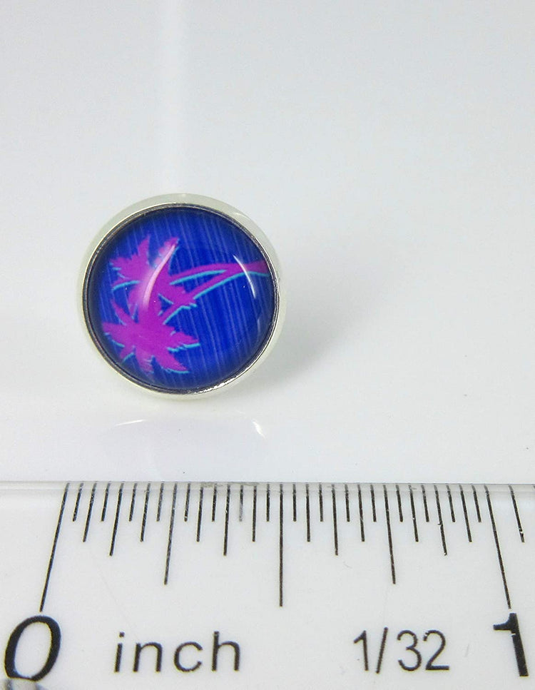 Silver-tone Blue and Pink Palm Tree Print Glass Stud Earrings 12mm