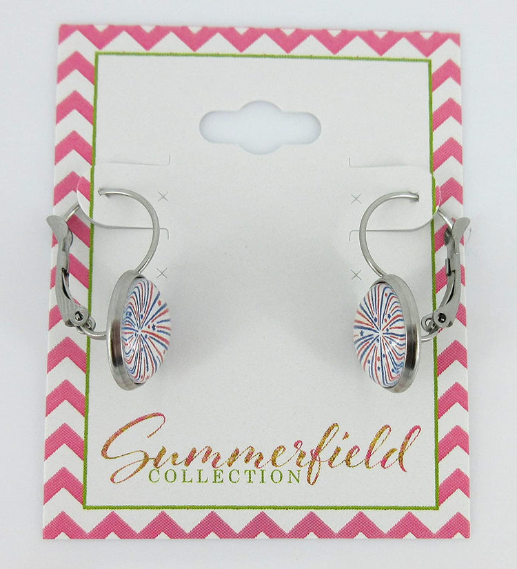 Stainless Steel Firework Print Glass Lever-back Drop Earrings 12mm Red White Blue USA
