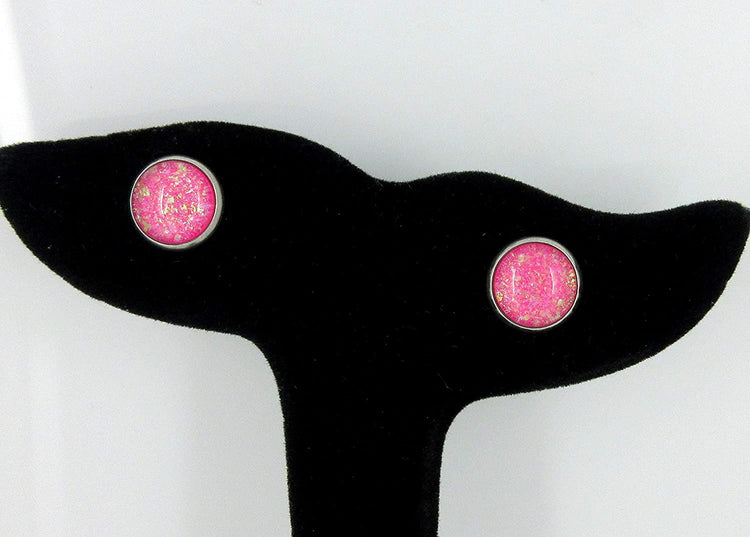 Stainless Steel Hot Pink and Iridescent Glitter Glass Stud Earrings Hand-painted 10mm