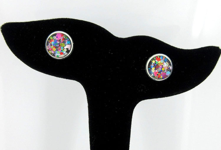 Silver-tone Black and Multi-Color Confetti Glitter Glass Stud Earrings Hand-painted 10mm