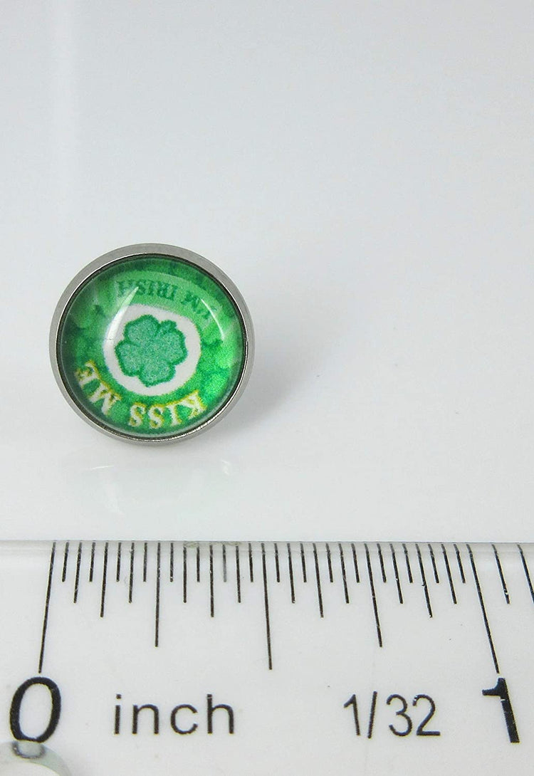 Stainless Steel Kiss Me I'm Irish Print Glass Stud Earrings 12mm