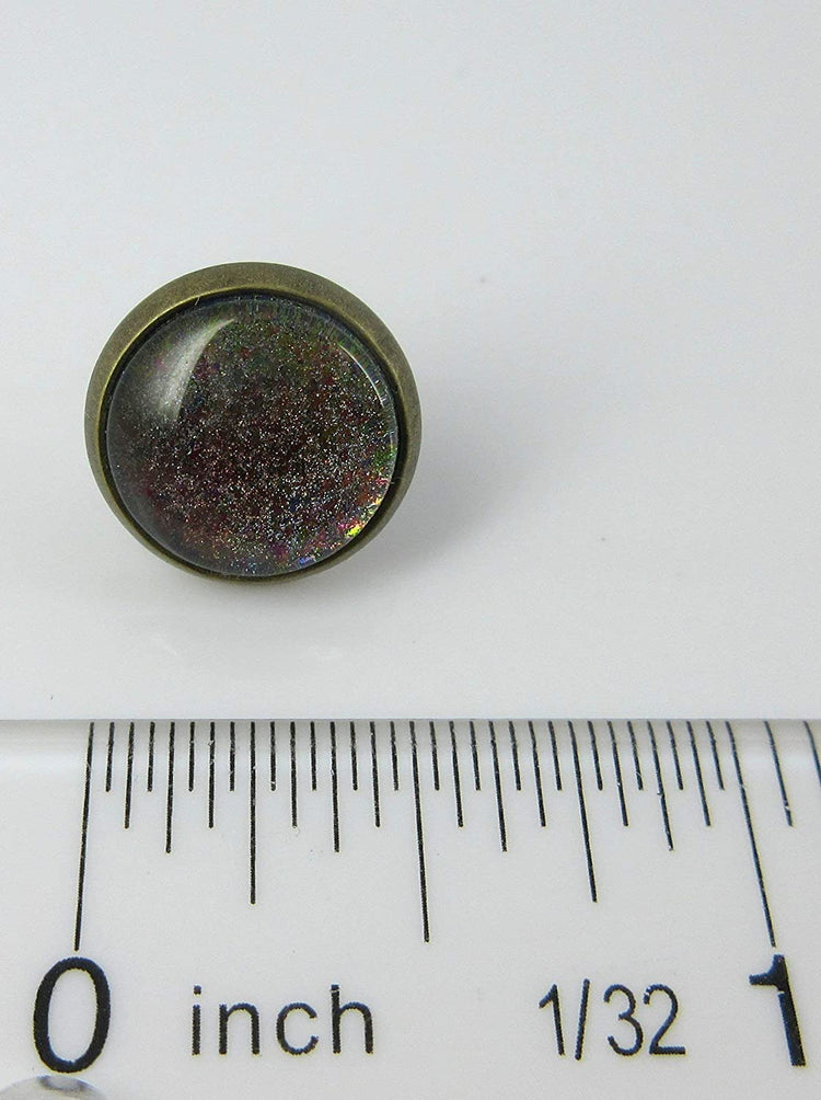 Antiqued Gold-tone Rainbow Color-shifting Glitter Flake Glass Stud Earrings