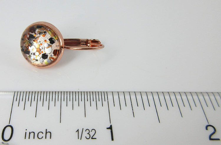 Rose Gold-Tone Pearly Silver and Black Glitter Glass Drop Earrings