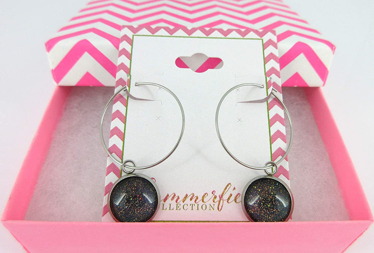 Stainless Steel Blue Purple Gray Glitter Glass Charm Hoop Earrings Hand-painted 1"