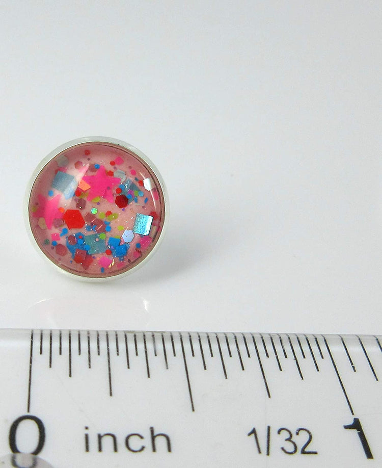 Silver-tone Bubblegum Pink Confetti Glitter Glass Stud Earrings Hand-painted 12mm