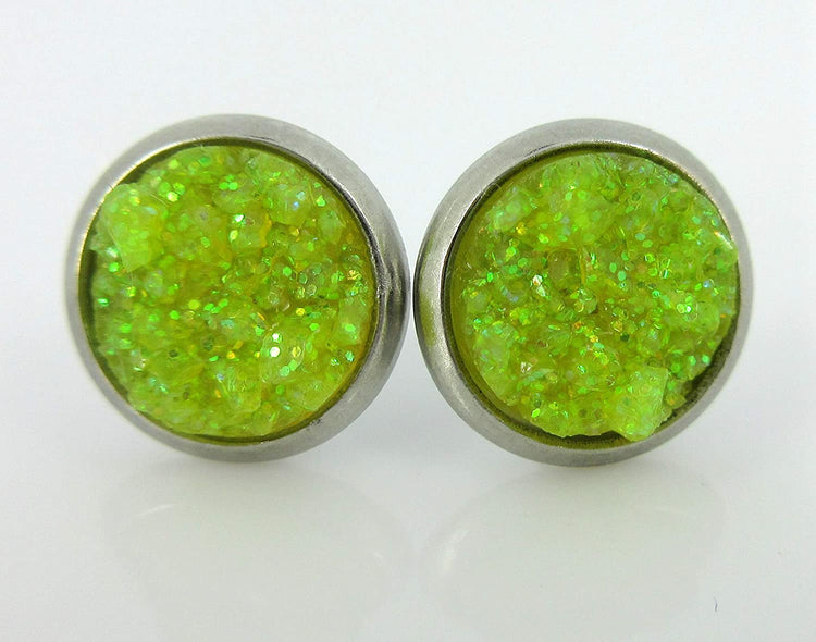 Stainless Steel Neon Pink Orange Yellow Green Faux Glitter Druzy Stone 8mm Stud Earrings Set