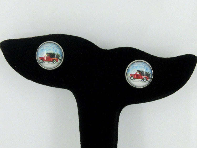 Stainless Steel Red Truck Christmas Tree Print Glass Stud Earrings 12mm