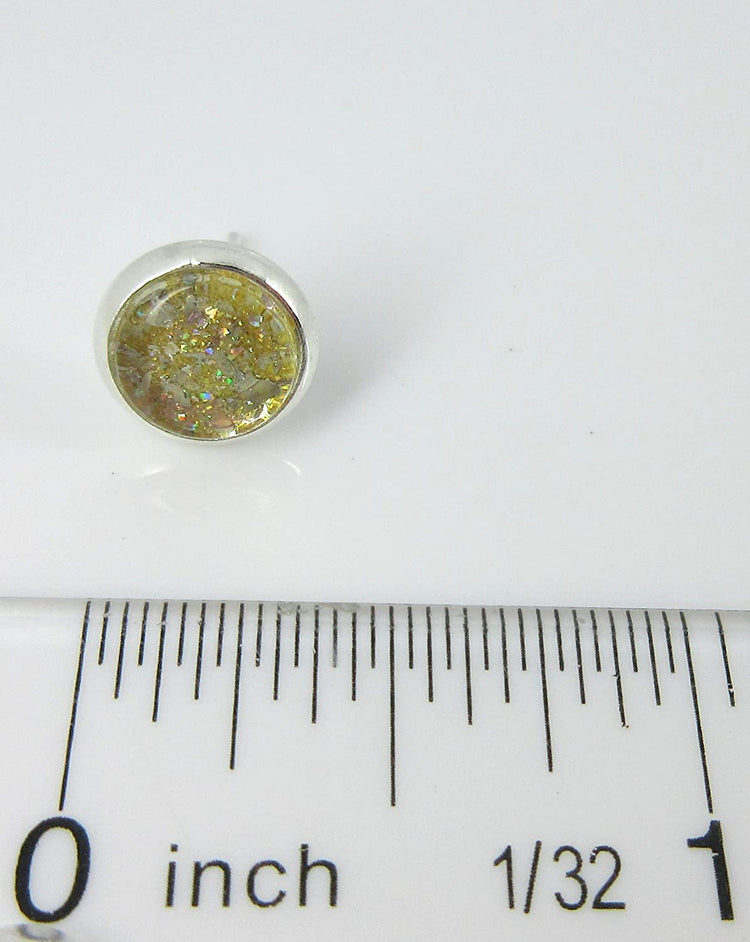 Silver-tone Yellow Gold Glitter Glass Stud Earrings Hand-painted 8mm