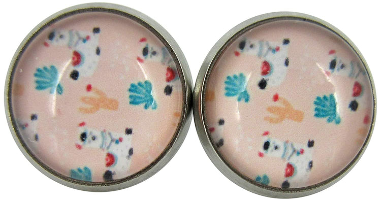 Stainless Steel Pink Llama Print Glass Stud Earrings 12mm