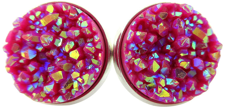 Silver-tone Stud Earrings Magenta AB Faux Druzy Stone 12mm