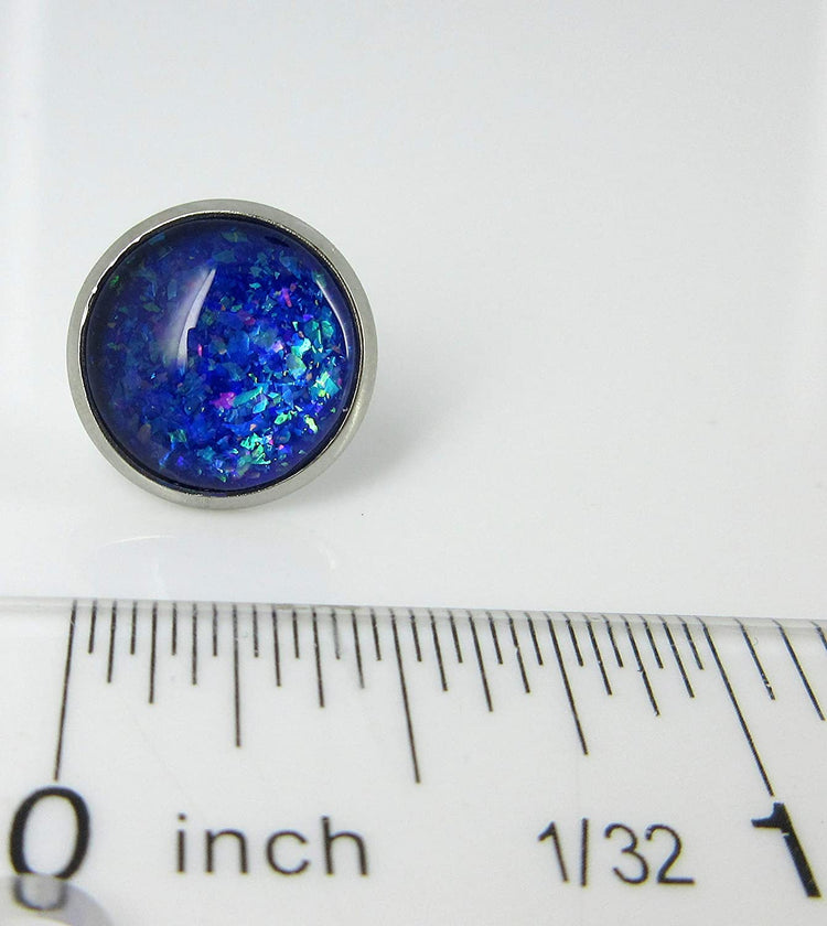 Stainless Steel Purple and Blue Holographic Glitter Glass Stud Earrings Hand-painted 12mm