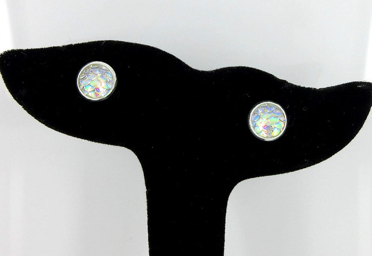 Silver-tone Clear AB Metallic Mermaid Scale Stud Earrings 8mm