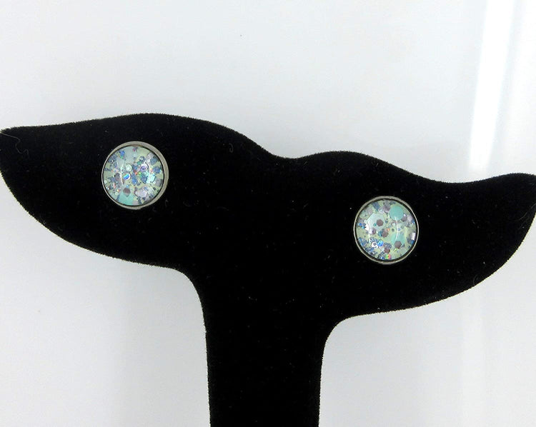 Hematite-tone Mint Green and Silver Glitter Glass Stud Earrings Hand-painted 10mm