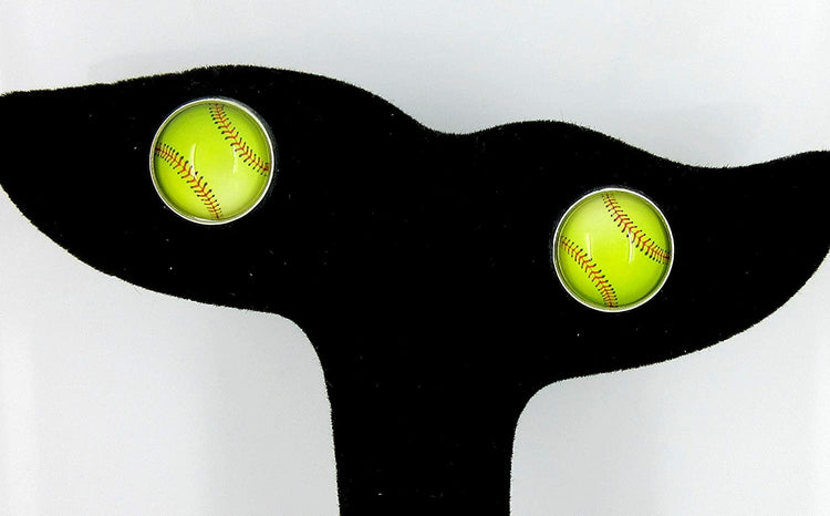 Silver-tone Softball Print Glass Stud Earrings 12mm