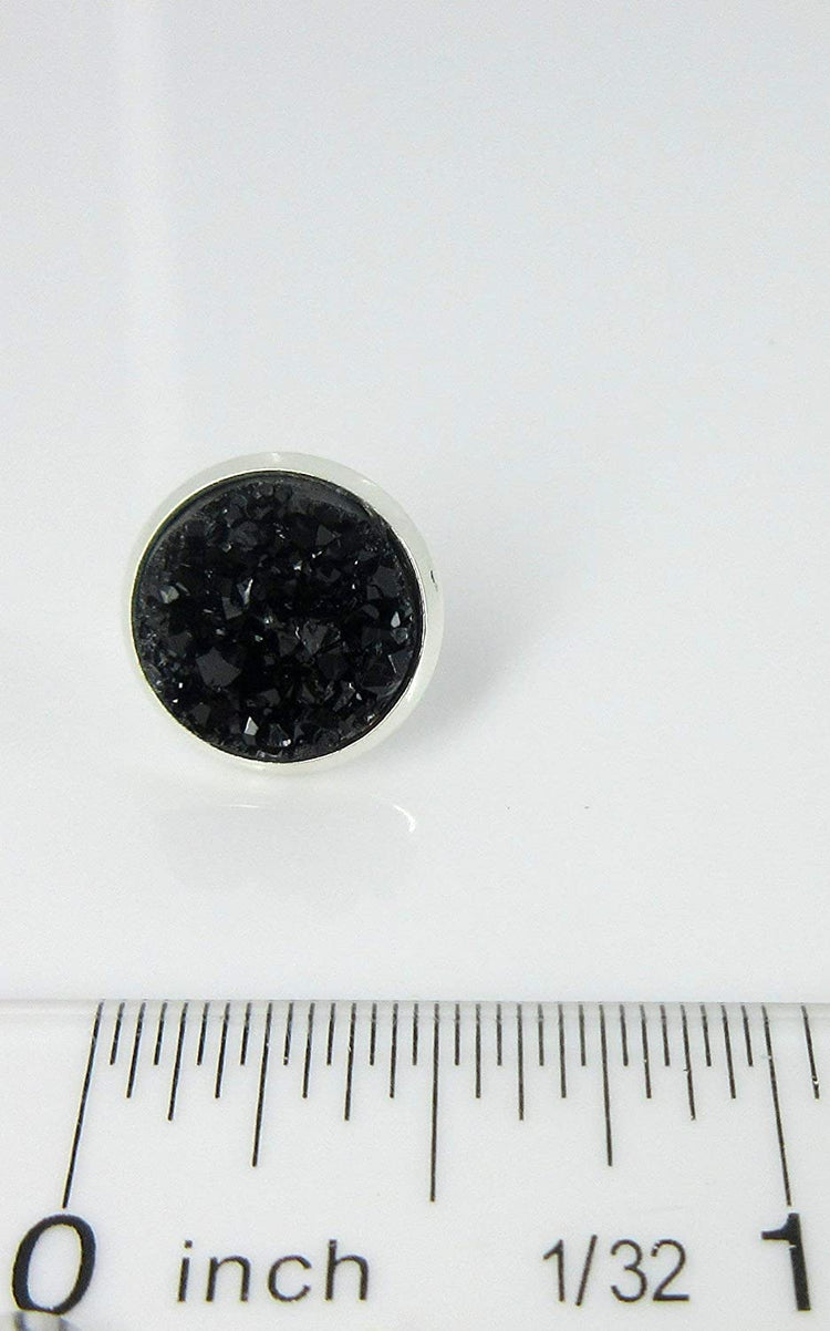 Silver-tone Black Faux Druzy Stone Stud Earrings 12mm