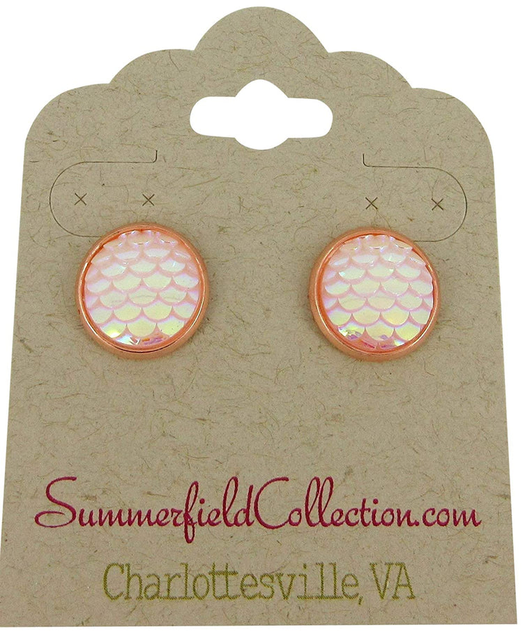 Rose Gold-tone Light Pink White AB Mermaid Scale Stud Earrings 12mm Dragon