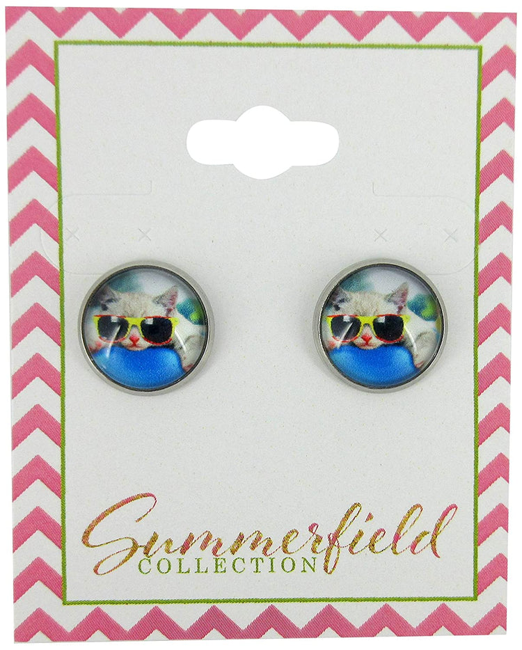 Stainless Steel Cool Cat in Sunglasses Print Glass Stud Earrings 12mm