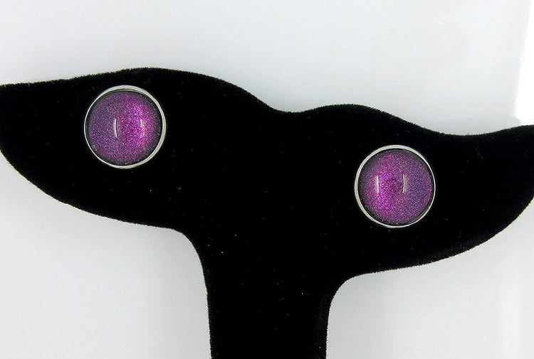 Stainless Steel Purple and Red Glitter Glass Stud Earrings Hand-painted 12mm