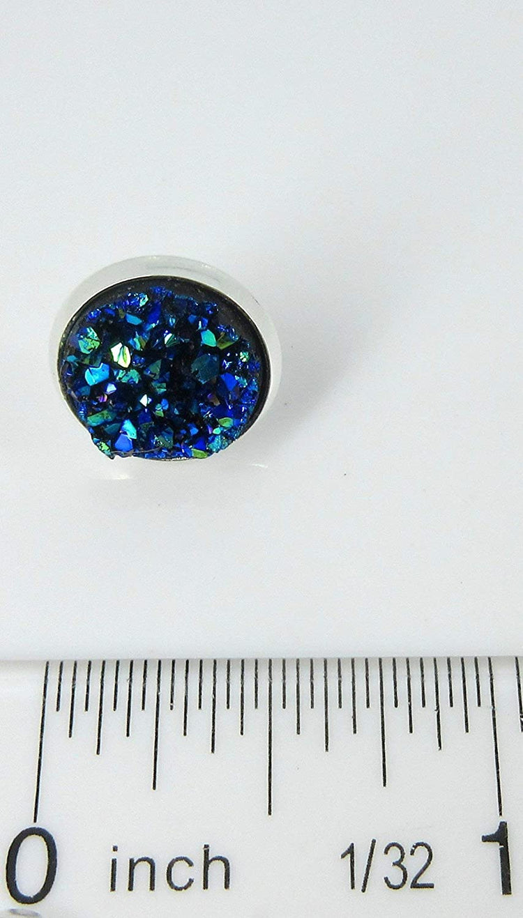 Silver-tone Blue Faux Druzy Stone Stud Earrings 12mm