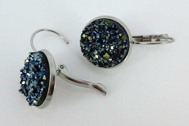 Stainless Steel Metallic Blue Faux Druzy Stone Lever-back Drop Earrings 14mm
