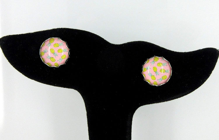 Stainless Steel Pink Pineapple Print Glass Stud Earrings 12mm