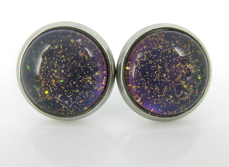 Stainless Steel Blue Purple Gray Glitter Glass Stud Earrings Hand-painted 10mm