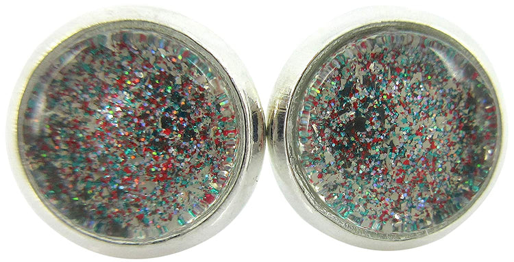 Silver-tone Aqua Blue and Red and Holographic Glitter Glass Stud Earrings Hand-painted 8mm