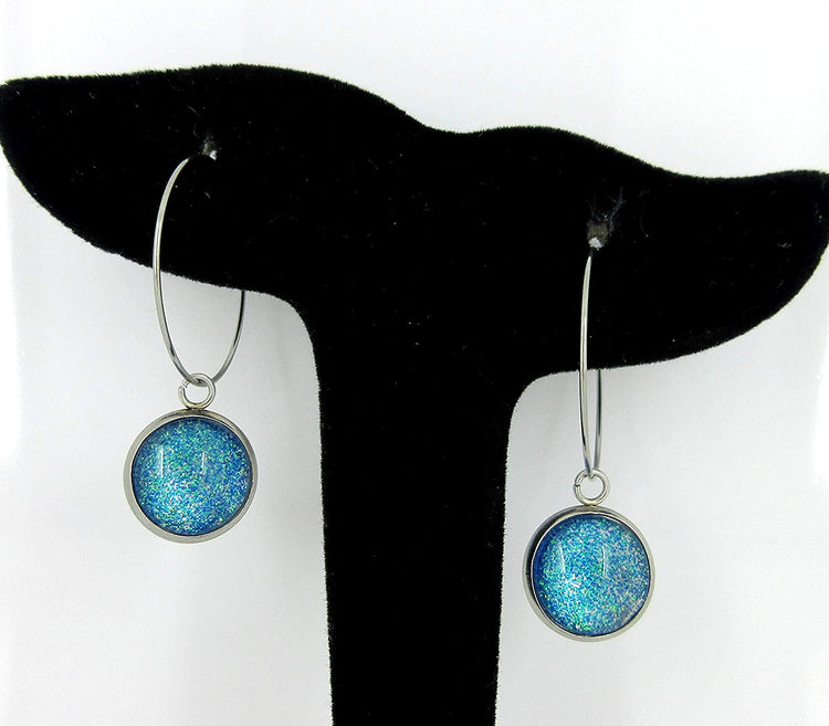 Stainless Steel Blue Green Glitter Glass Charm Hoop Earrings Hand-painted 1"