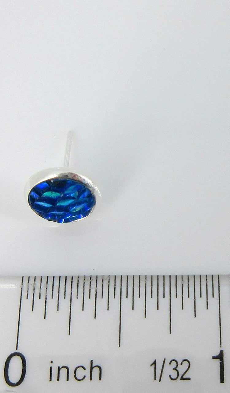 Silver-tone Metallic Mermaid Scale Stud Earrings 8mm (Blue/Green)