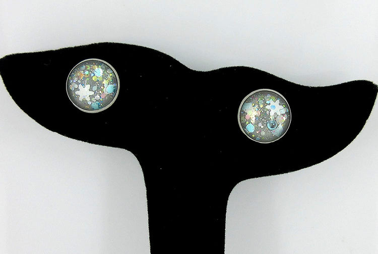 Stainless Steel Gray Snowfall Glitter Glass Stud Earrings Hand-painted 12mm