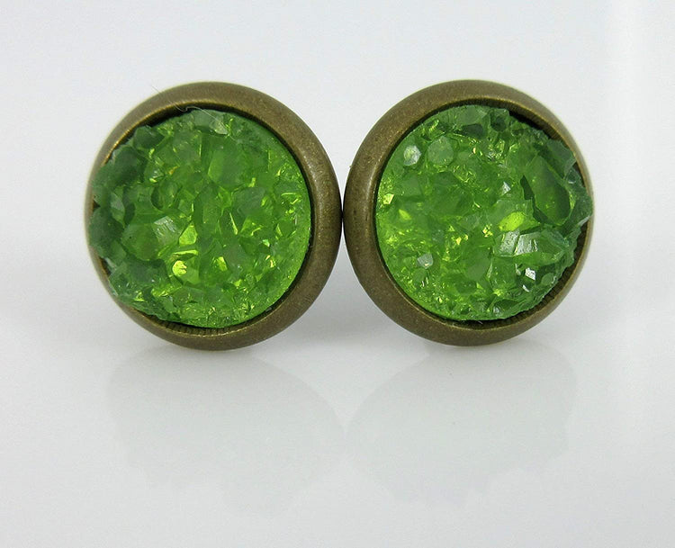 Trio Antiqued Gold-tone Stud Earrings 8mm Teal Pink Navy Blue Faux Druzy Stone Set (Green/Yellow/Blue)