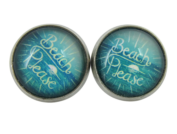 Stainless Steel Beach Please Print Glass Stud Earrings 12mm