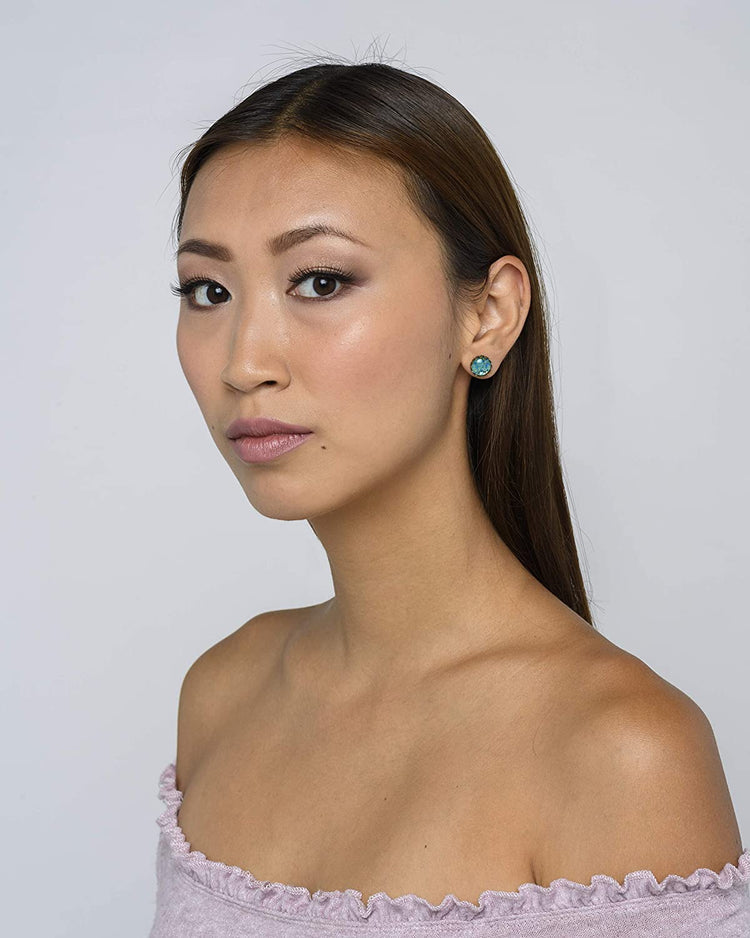 Antiqued Gold-tone Seafoam Green and Blue Glitter Glass Stud Earrings Hand-painted 10mm