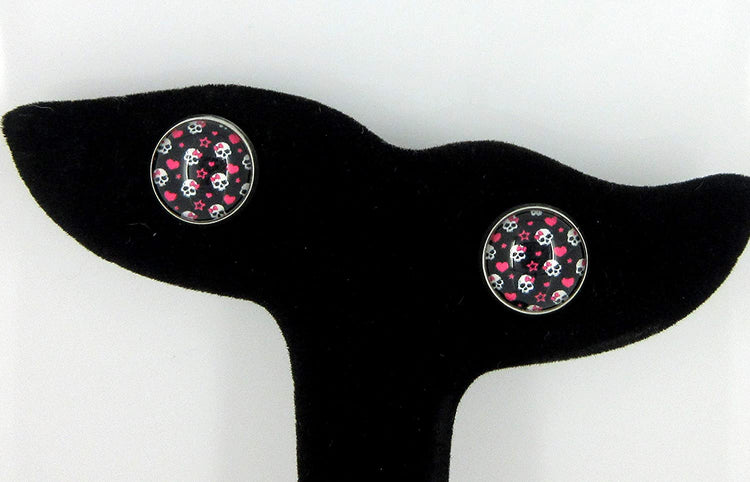 Stainless Steel Neon Pink Black White Skull Print Glass Stud Earrings 12mm