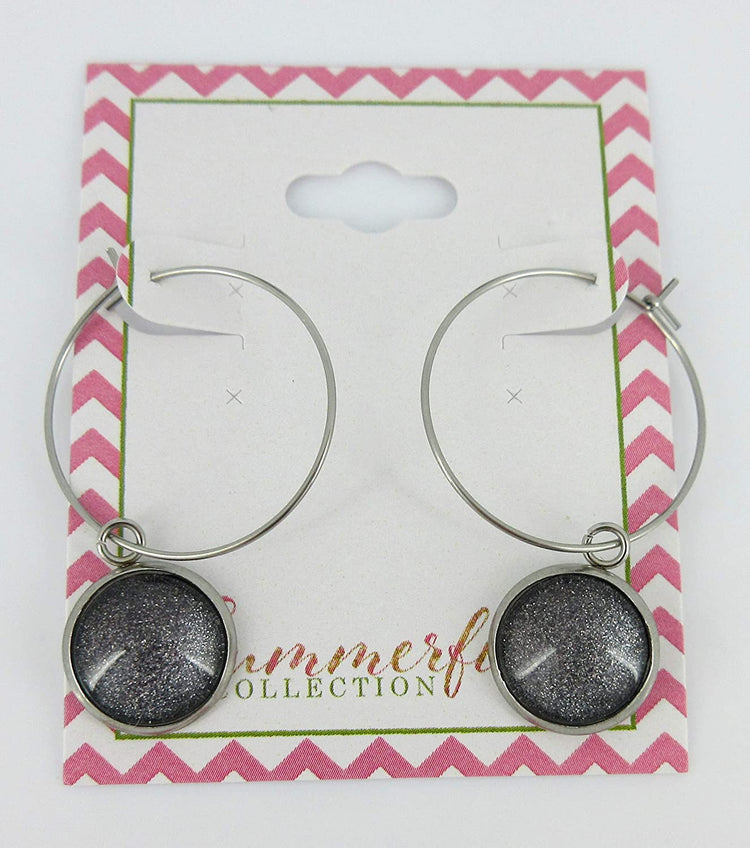 Stainless Steel Charcoal Gray Glitter Glass Charm Hoop Earrings Hand-painted 1"