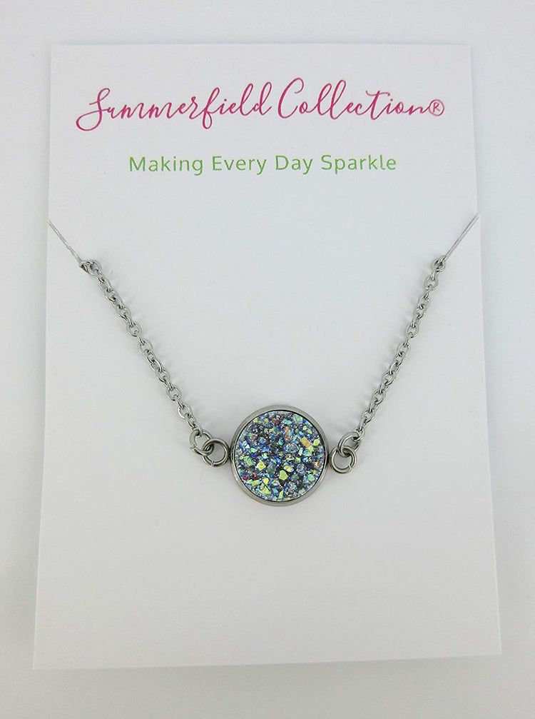 Stainless Steel Frost Blue Gray AB Glitter Faux Druzy Pendant Necklace